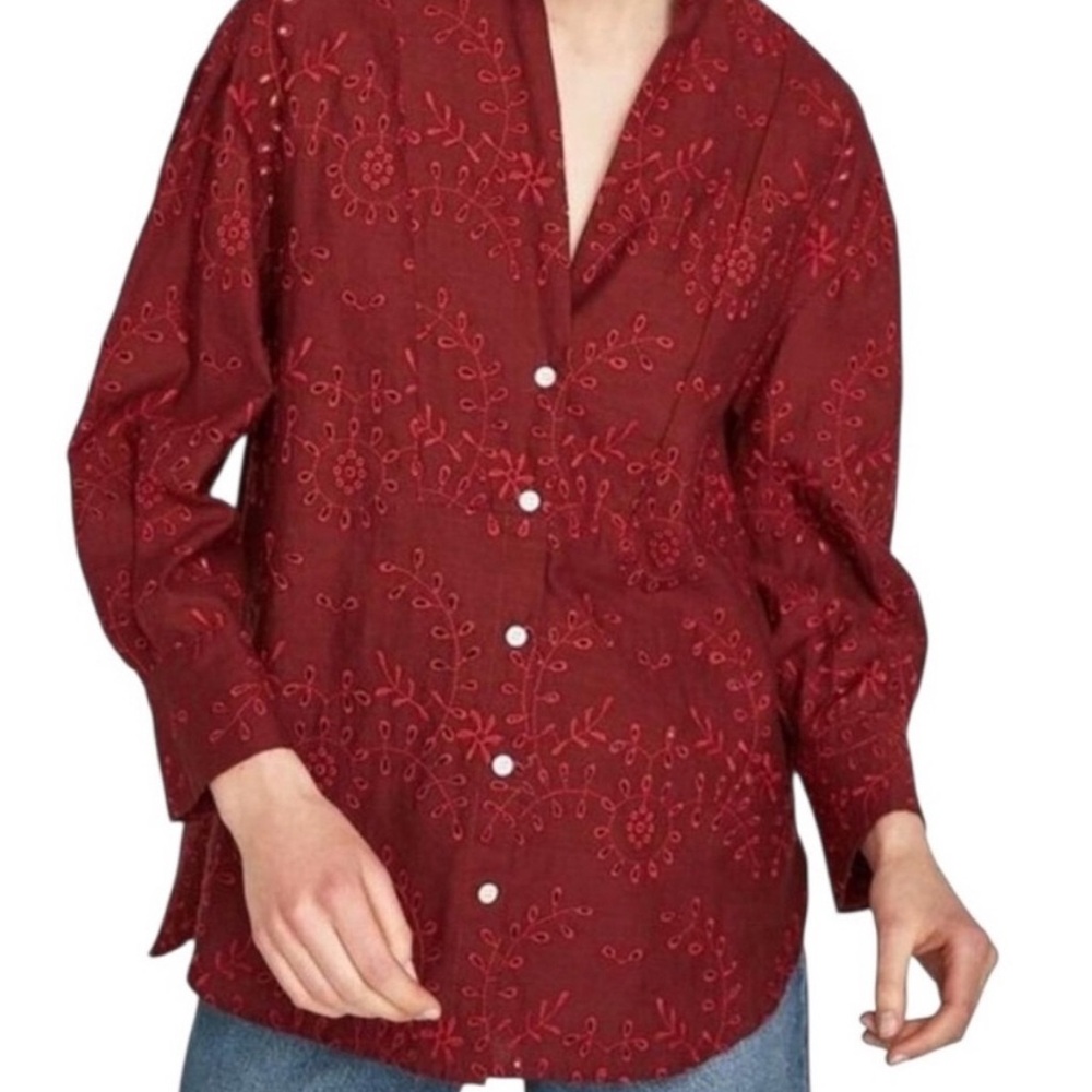 Zara Linen Blouse Women's X-Small Red Eyelet Button Up Shirt 3/4 Sleeve Cotton
